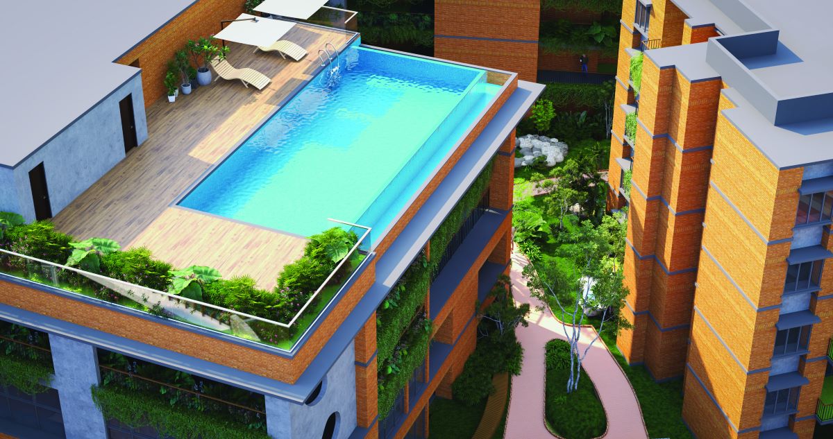 Rooftop pool overlooking greenery at Republic of Nature