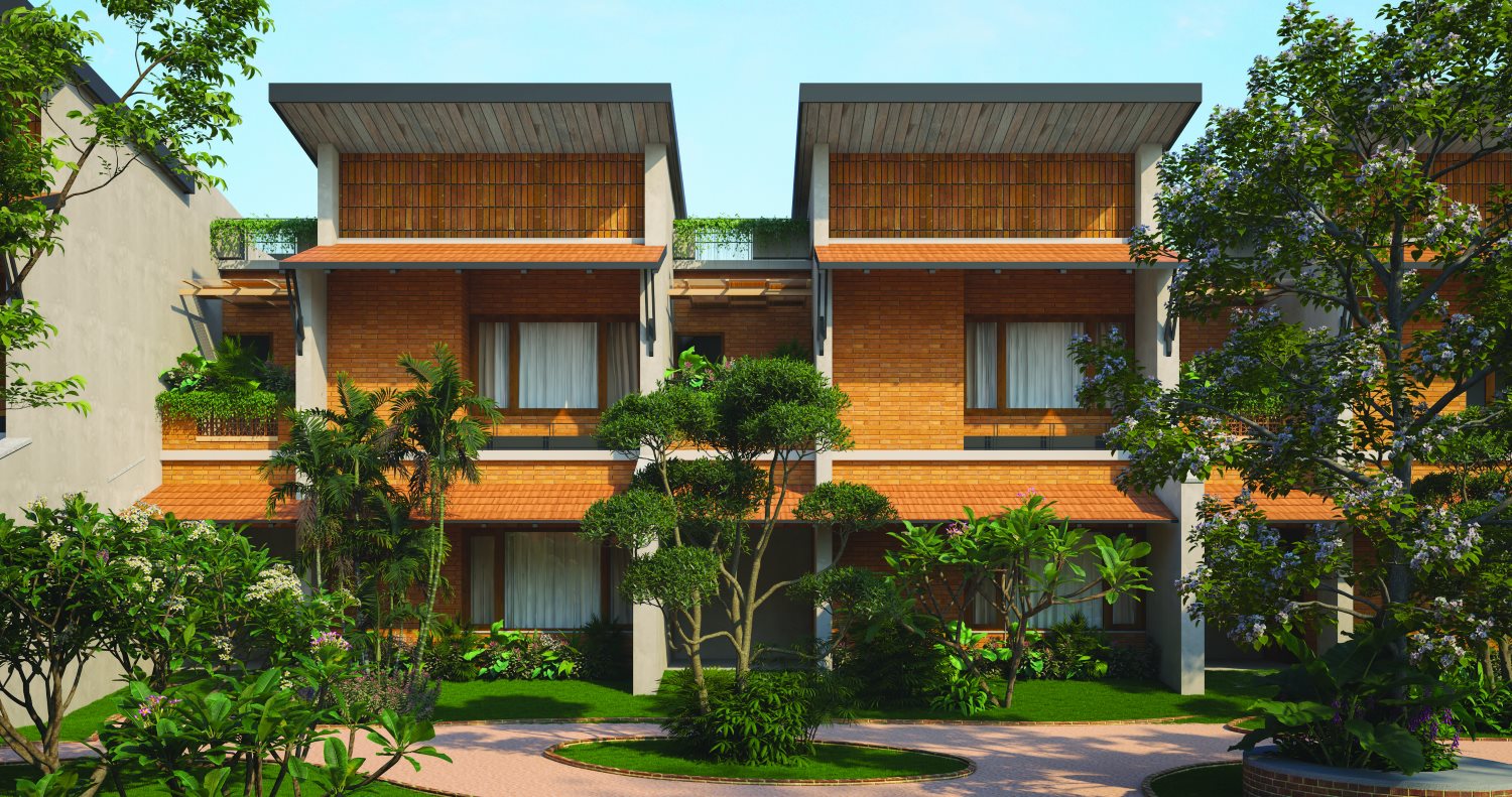 Brick-clad Earth Residences with garden courtyards at Republic of Nature, Chennai