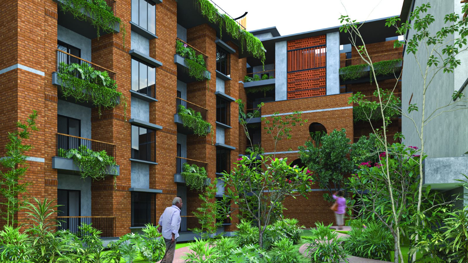 Residents walking a landscaped courtyard path among tropical greenery at Republic of Nature