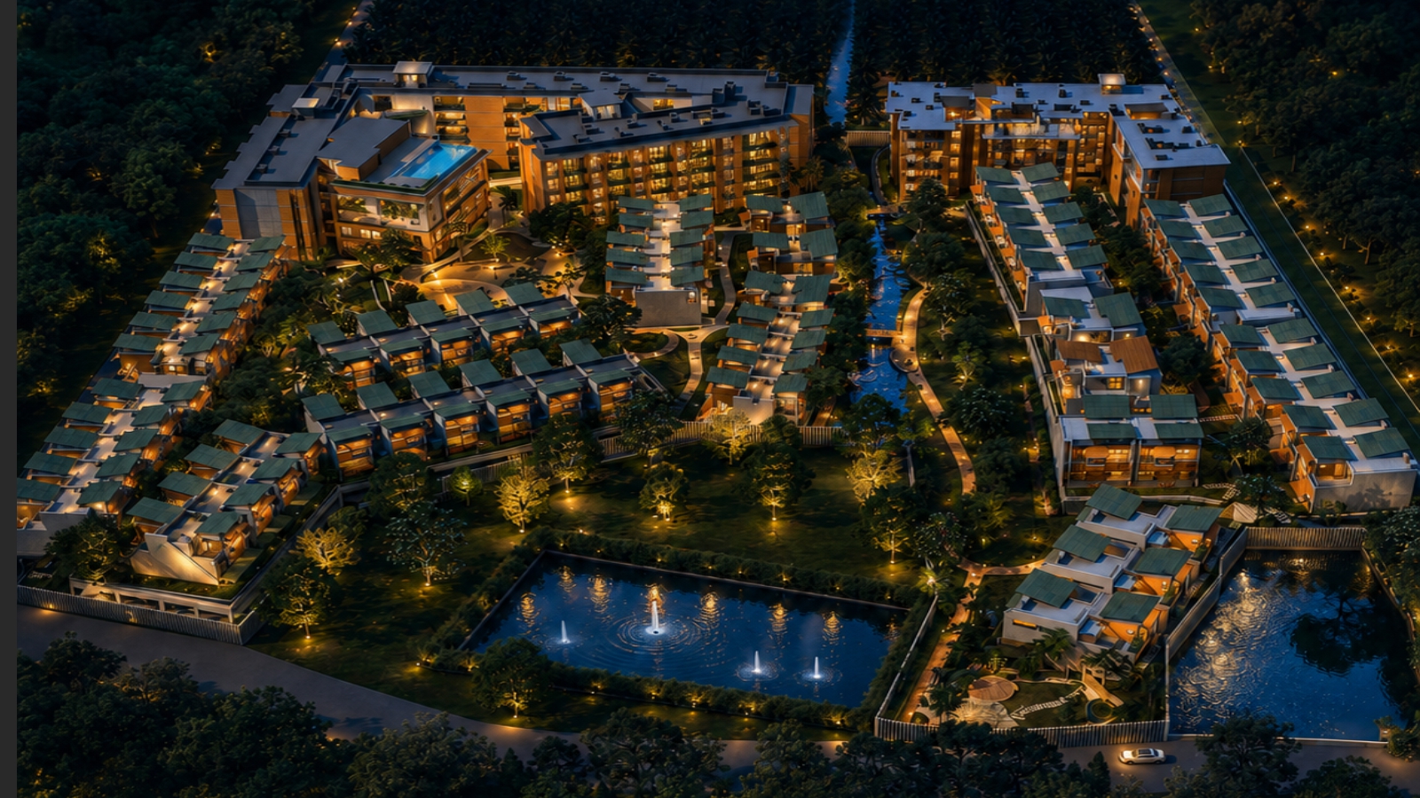 Residents walking a landscaped courtyard path among tropical greenery at Republic of Nature